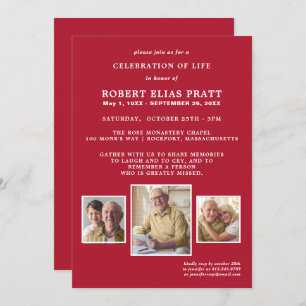 Celebration of Life Dark Red White 3 Photo Invitation