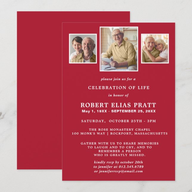 Celebration of Life Dark Red White 3 Photo Invitation (Front/Back)