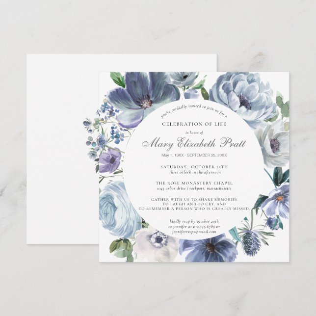 Celebration of Life Dusty Blue and White Floral In Invitation (Front/Back)
