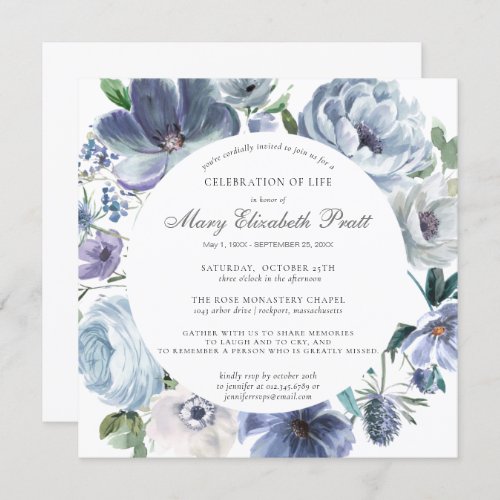 Celebration of Life Dusty Blue and White Floral In Invitation