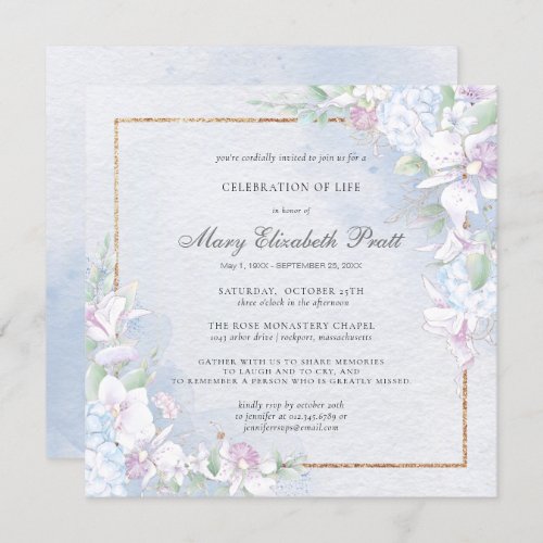 Celebration of Life Dusty Blue and White Floral Invitation