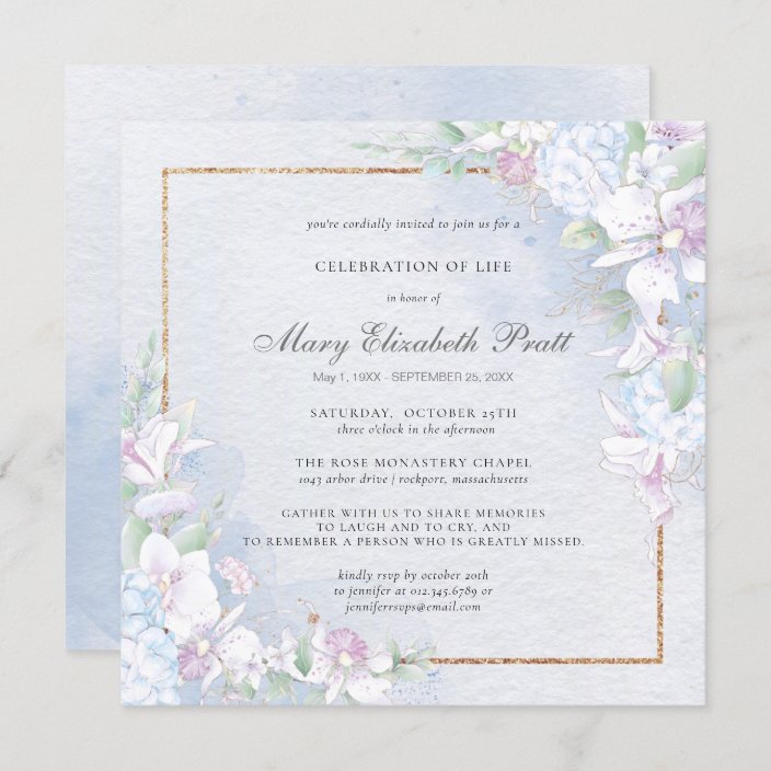 Celebration of Life Dusty Blue and White Floral Invitation | Zazzle.com