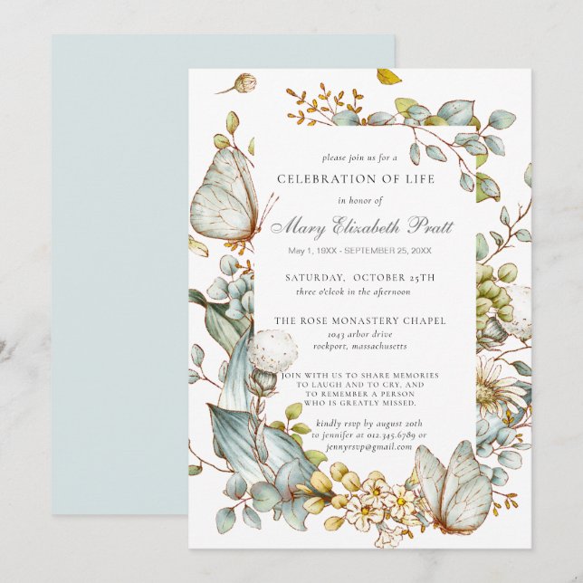 Celebration of Life Dusty Blue Botanical Invitation (Front/Back)