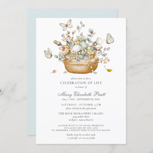 Celebration of Life Dusty Blue Floral Butterfly Invitation