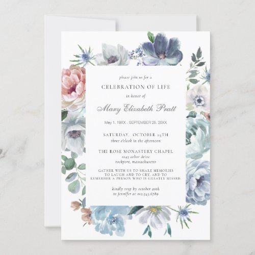 Celebration of Life Dusty Blue Floral Funeral Invitation