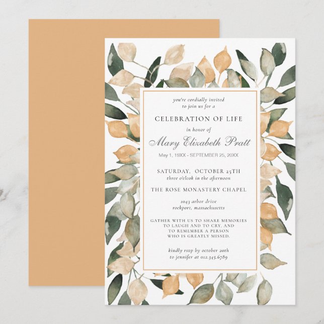 Celebration of Life Dusty Terracotta Botanical  Invitation (Front/Back)