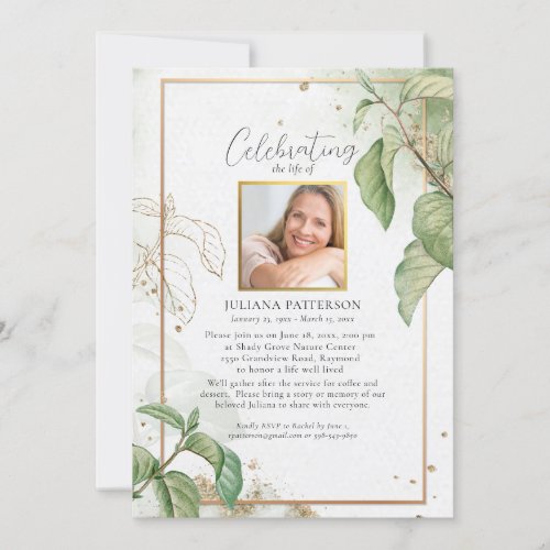 Celebration of Life Elegant Foliage Funeral Photos Invitation