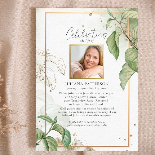 Celebration of Life Elegant Foliage Funeral Photos Invitation