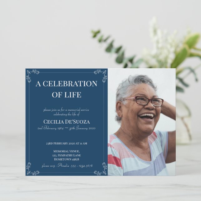 Celebration of Life Elegant Funeral Custom Photo Invitation (Standing Front)