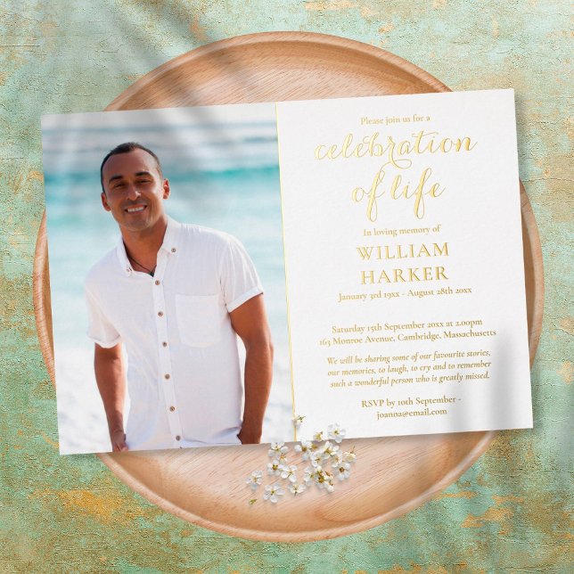 Celebration of Life Elegant Funeral Photo Gold Foil Invitation (Creator Uploaded)