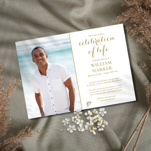 Celebration of Life Elegant Gold Funeral Photo Invitation | Zazzle