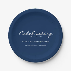 Celebration of Life Elegant Script Funeral Blue  Paper Plates