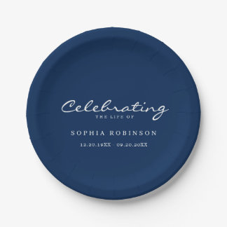 Celebration of Life Elegant Script Funeral Blue Paper Plates