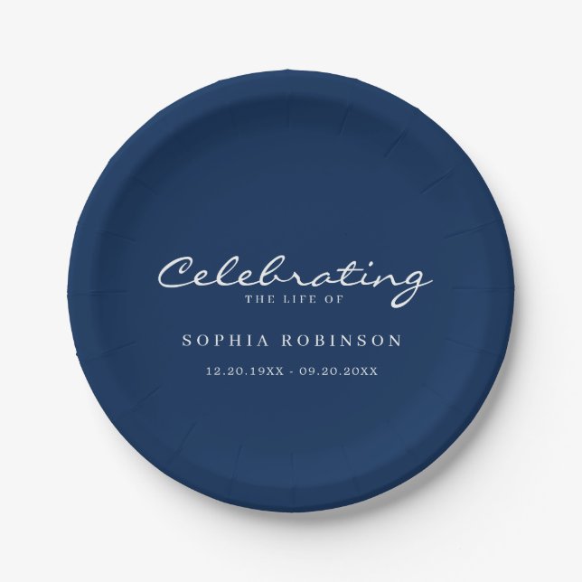 Celebration of Life Elegant Script Funeral Blue  Paper Plates (Front)