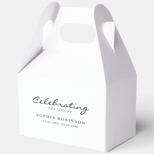 Celebration of Life Elegant Script Funeral  Favor Boxes (Front)
