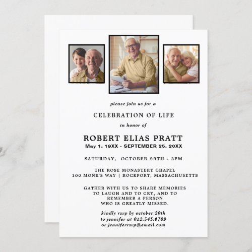 Celebration of Life Elegant White 3 Photo Invitation