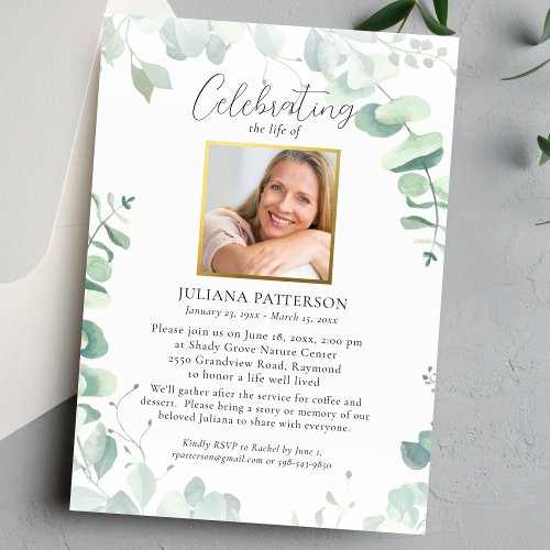 Celebration of Life Eucalyptus Funeral Photos Invitation