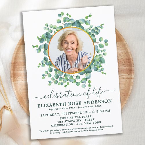 Celebration Of Life Eucalyptus Greenery Photo Invitation