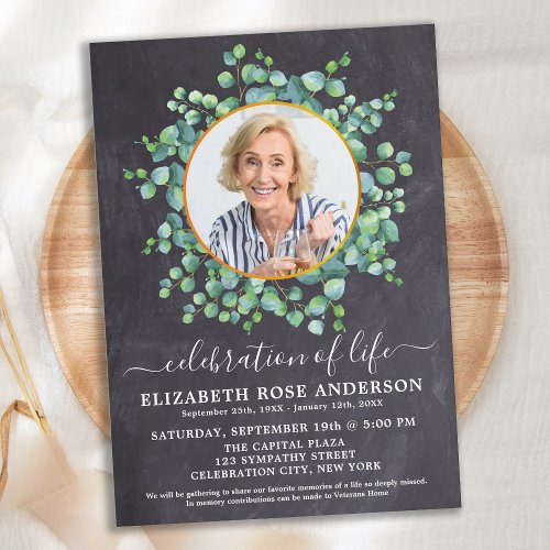 Celebration Of Life Eucalyptus Photo Slate Funeral Invitation