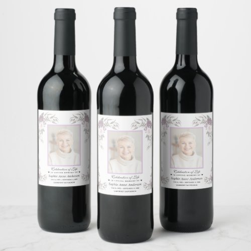 Celebration of Life Faded Floral Photo Memorial  Wine Label
