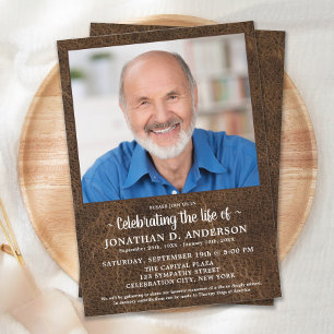 Celebration Of Life Faux Leather Photo Funeral Invitation