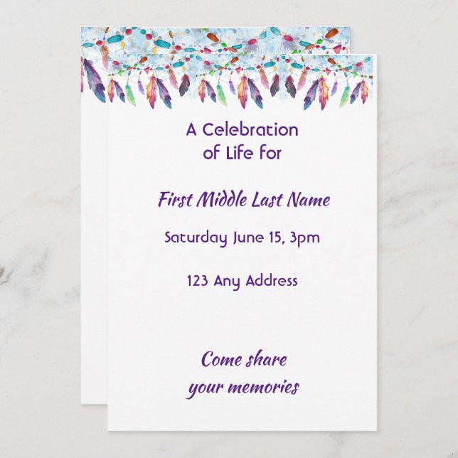 Celebration of Life Feathers Boho Tribal Native Invitation (Front/Back)