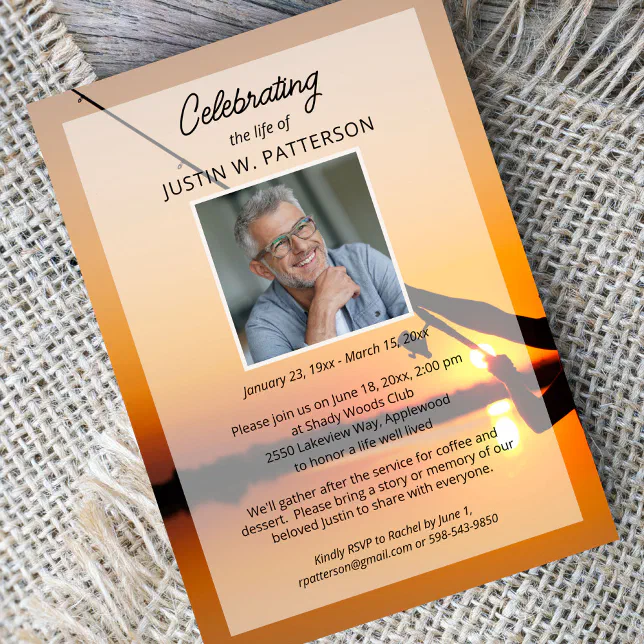 Celebration of Life Fishing Themed Photo Funeral Invitation | Zazzle
