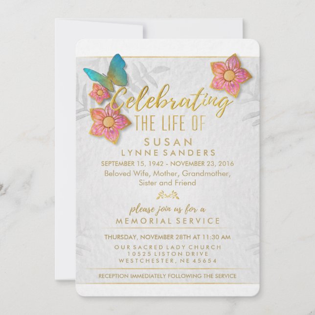 Celebration of Life Floral Butterfly Invitation (Front)