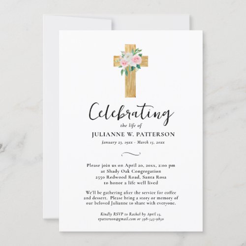 Celebration of Life Floral Cross Photo Funeral  Invitation