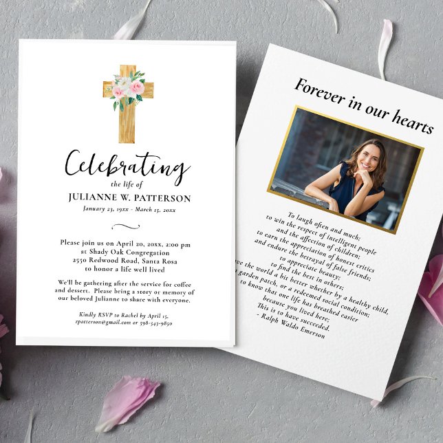 Celebration of Life, Floral Cross, Photo, Funeral  Invitation (Creator Uploaded)