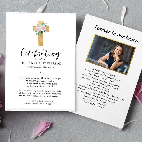 Celebration of Life Floral Cross Photo Funeral  Invitation