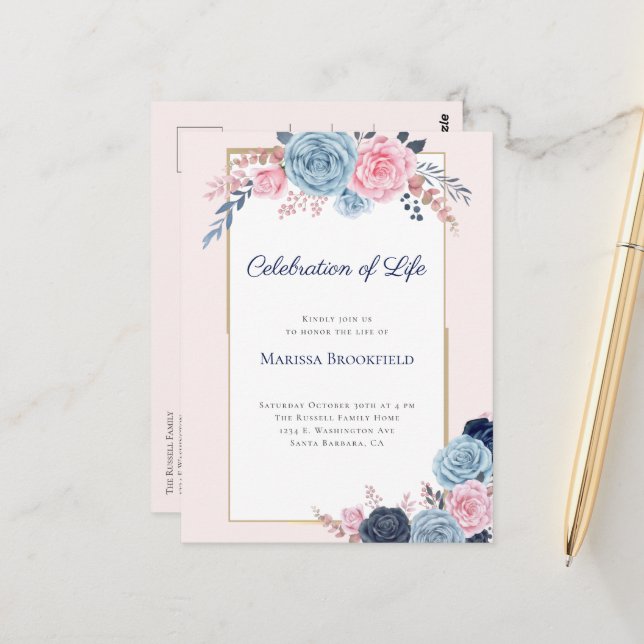 Celebration of Life Floral funeral Invitation Postcard (Front/Back In Situ)