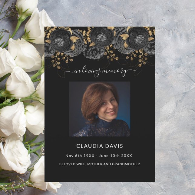 Celebration of life funeral black floral photo invitation (Creator Uploaded)