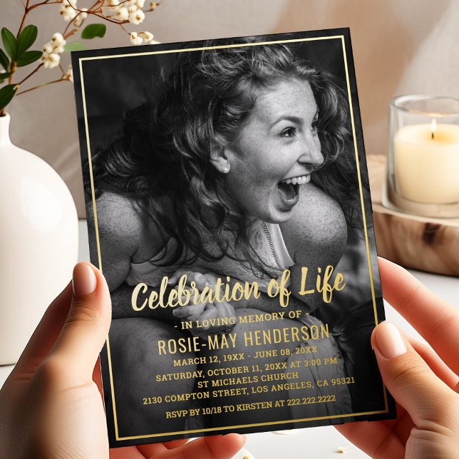 Celebration of Life | Funeral Black Gold Foil Invitation (Creator Uploaded)