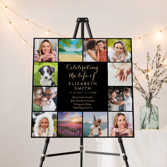 Celebration of Life Funeral Black Gold Photo Sign (In Situ (Stand))