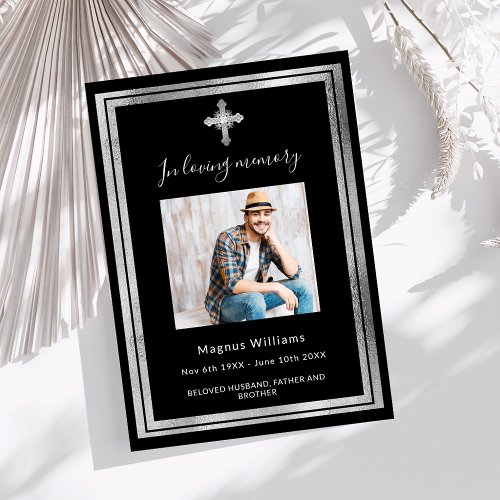 Celebration of life funeral black silver photo invitation