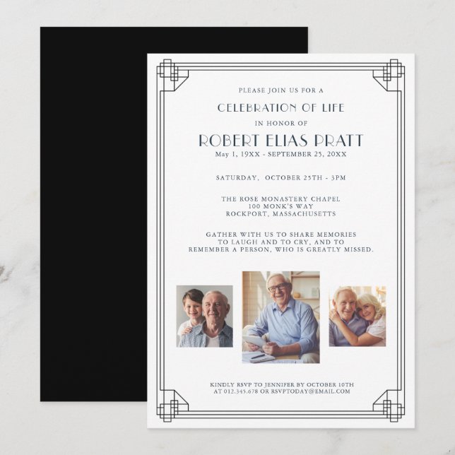 Celebration of Life Funeral Black White 3 Photo Invitation (Front/Back)