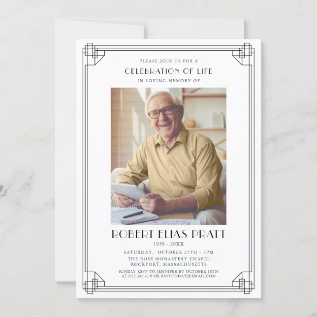 Celebration Of Life Funeral Black White Photo Invitation 