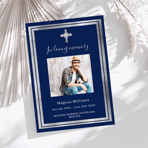 Celebration of life funeral blue silver photo invitation