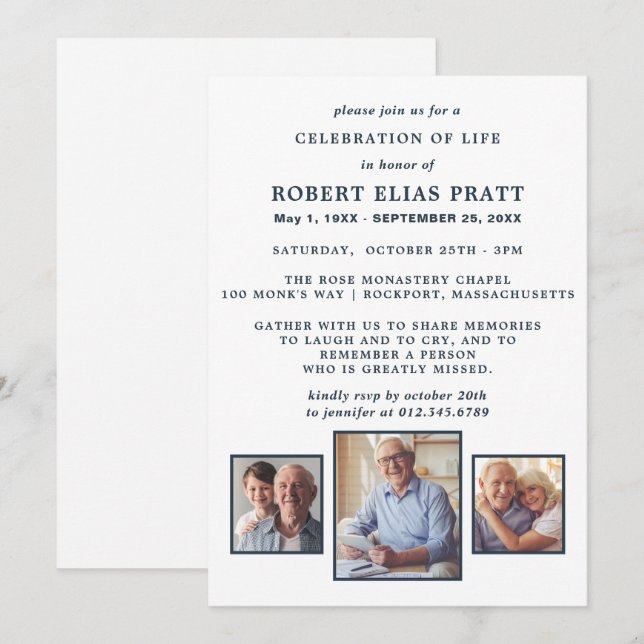 Celebration of Life Funeral Blue White 3 Photo Invitation (Front/Back)