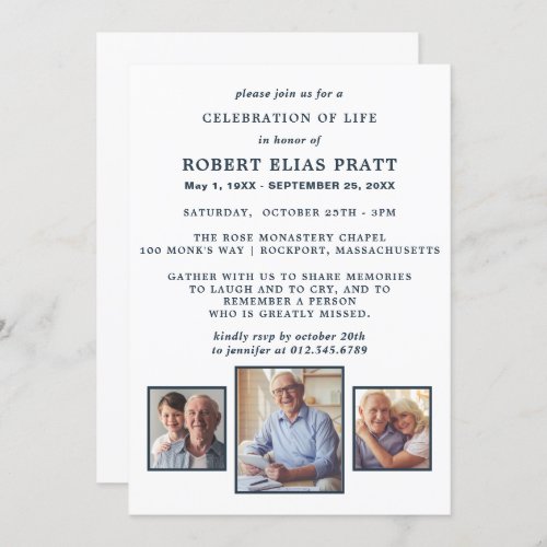 Celebration of Life Funeral Blue White 3 Photo Invitation