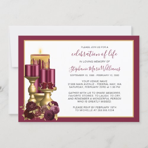 Celebration of Life Funeral Burgundy Candle Invitation