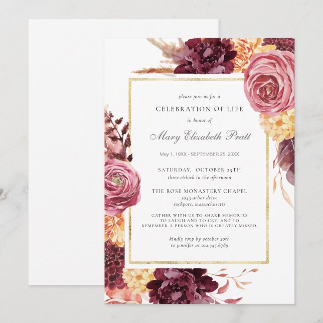 Celebration of Life Funeral Burgundy Pink Floral I Invitation (Front/Back)