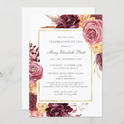 Celebration of Life Funeral Burgundy Pink Floral I Invitation