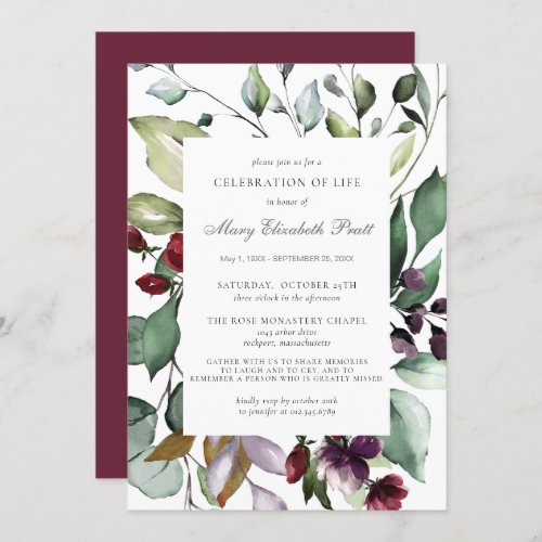 Celebration of Life Funeral Burgundy Red Botanical Invitation