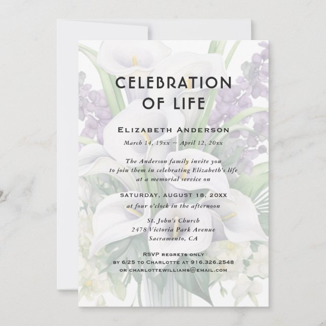 Celebration of Life Funeral Calla Lily Floral Invitation (Front)