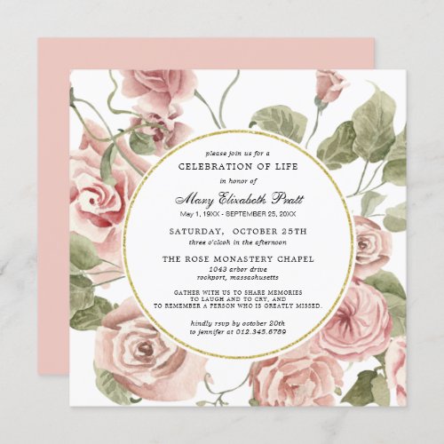 Celebration of Life Funeral Dusty Pink Rose Floral Invitation