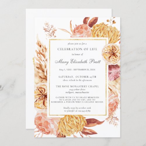 Celebration of Life Funeral Dusty Pink Yellow  Invitation