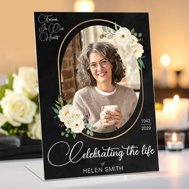 Celebration of Life - Funeral Floral Photo Black Pedestal Sign (Celebration of Life - Funeral Floral Photo Black Pedestal Sign, Loss of Mother Gift)
