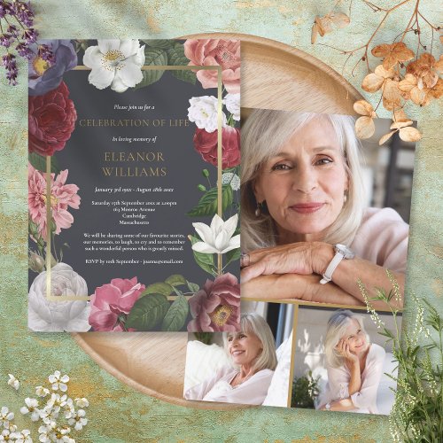 Celebration of Life Funeral Floral Photo Collage Invitation